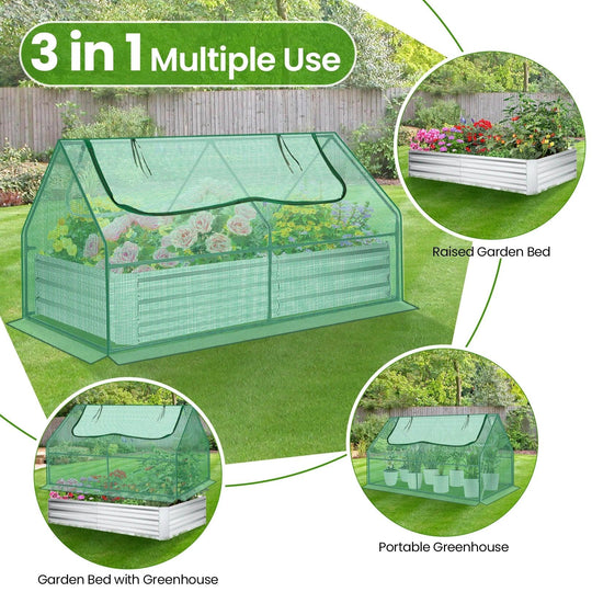 Galvanized Raised Garden Bed with Mini Greenhouse Cover and Roll-Up Windows for Growing Flowers and Fruits