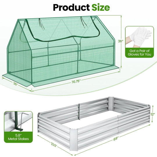 Galvanized Raised Garden Bed with Mini Greenhouse Cover and Roll-Up Windows for Growing Flowers and Fruits