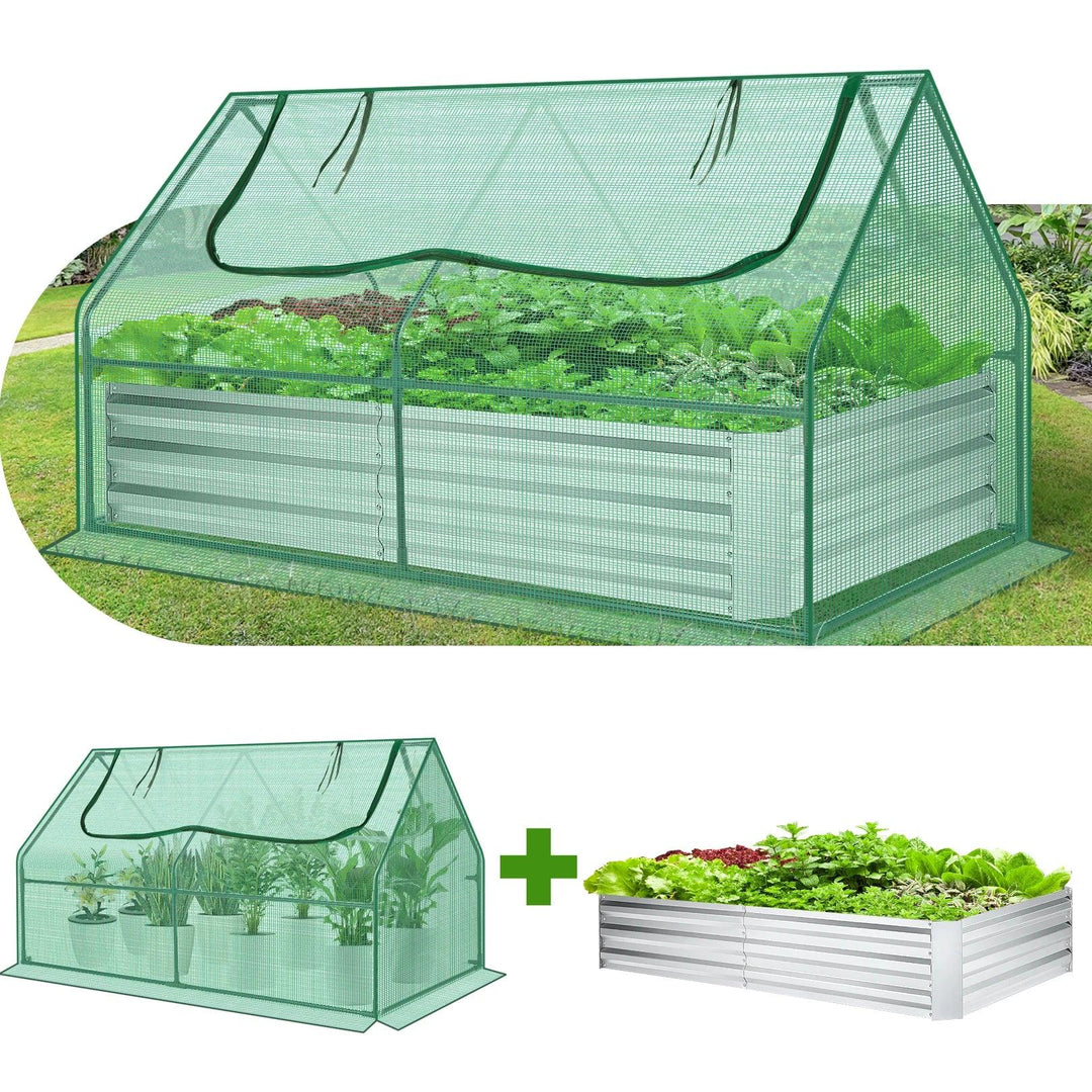 Galvanized Raised Garden Bed with Mini Greenhouse Cover and Roll-Up Windows for Growing Flowers and Fruits