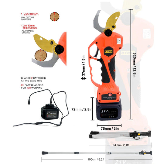 Cordless Pruning Shears, Pruner Lopper with 75-Inch Extension Pole, 21V Battery, Titanium SK5 Blades, Battery powered Electric Pruning Shears