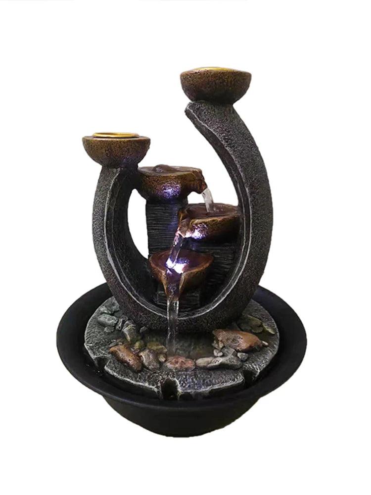 Small Tabletop Fountain with LED Lights | Three-Tier Cascading Waterfall | Indoor Decor with Rocks | Perfect for Home & Office