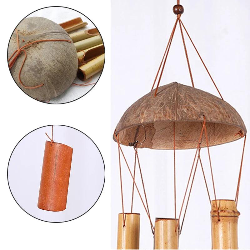 Handmade Unique Bamboo Wind Chimes - Large Cocunut and Bamboo Wind Bells, Unique Natural Bamboo Wind Chime for Outdoors, Weather Resistant