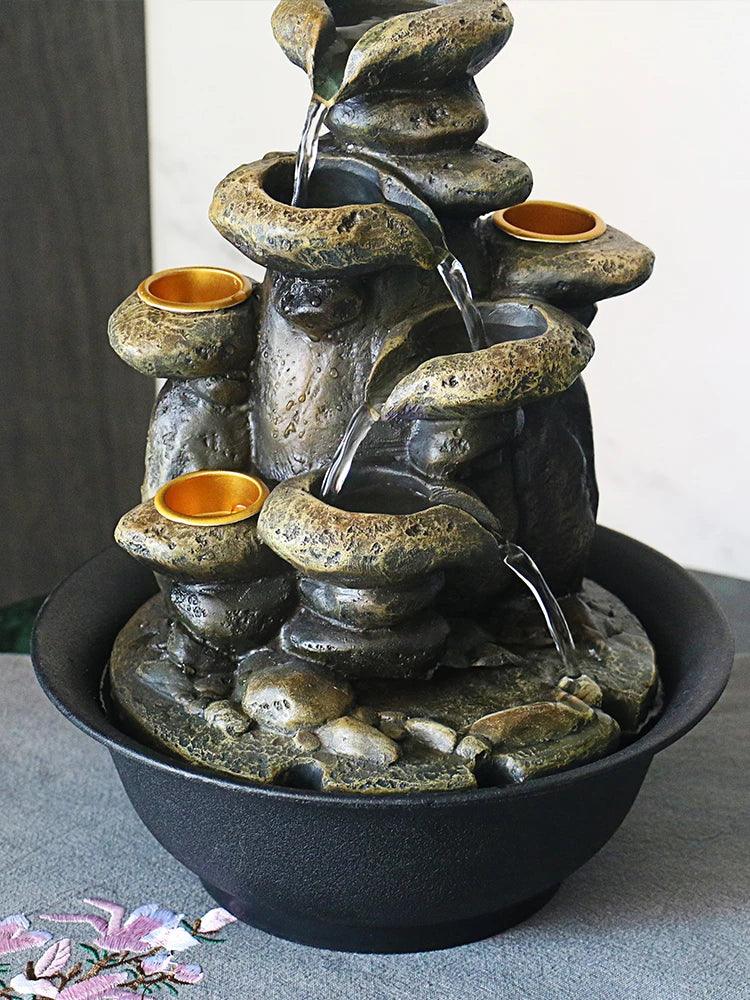 Small Tabletop Fountain with LED Lights | Three-Tier Cascading Waterfall | Indoor Decor with Rocks | Perfect for Home & Office