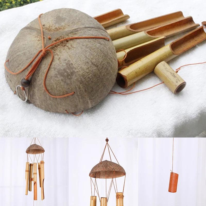 Handmade Unique Bamboo Wind Chimes - Large Cocunut and Bamboo Wind Bells, Unique Natural Bamboo Wind Chime for Outdoors, Weather Resistant