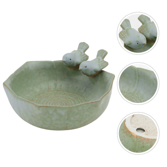 Bird Bath Bowl Ceramic Feeder – Outdoor Birdbath Bowl with Green Glaze for Garden and Patio – Multi-Function Bird Bath Bowls and Bird Feeder