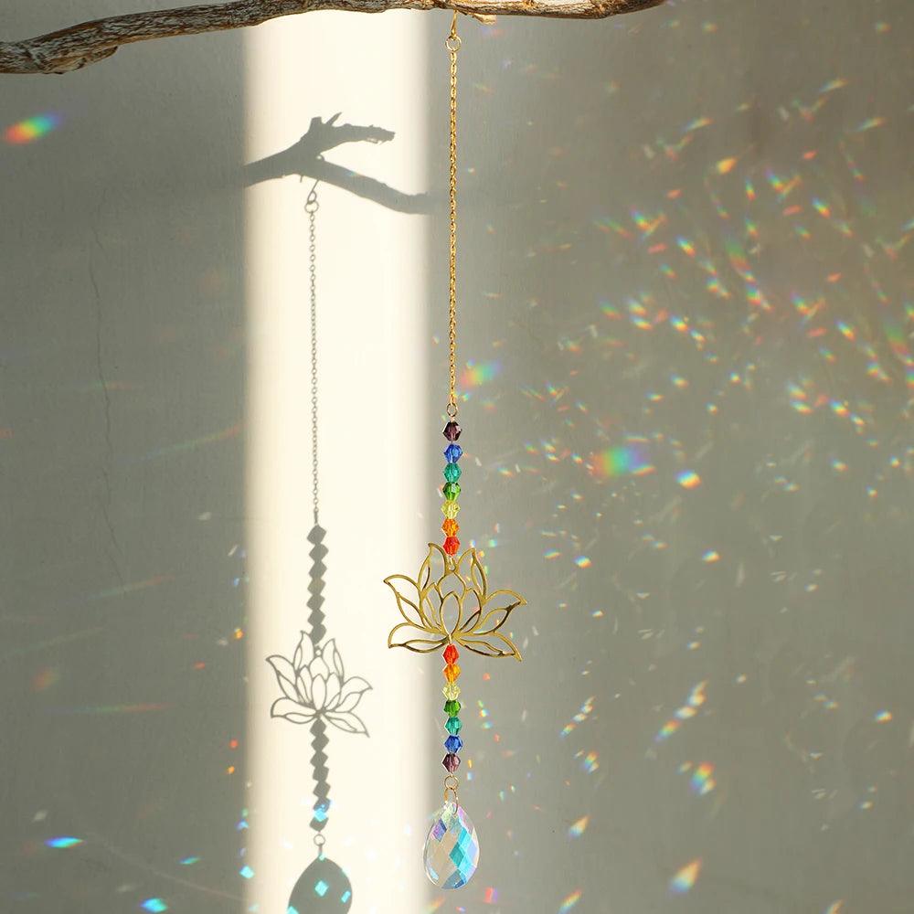 Crystal Sun Catcher Lotus | Hanging Suncatcher with Crystals | Rainbow Maker for Windows & Garden | Chakra Light Catcher, Stained Glass Decoration