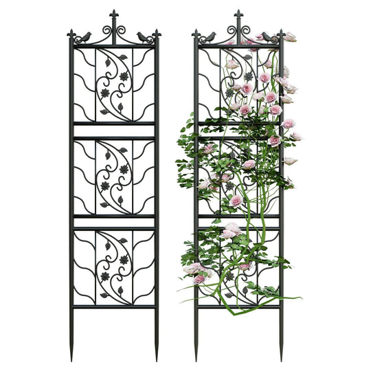 6 Panels 76.8 Inch Black Metal Iron Fence | Decorative Garden Trellis with Rod and Wrought Iron Design | Outdoor Climbing Plants & Yard Decor