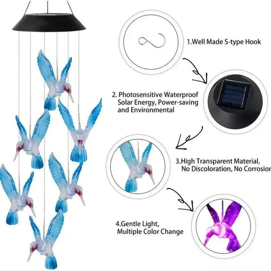 Solar Butterfly & Hummingbird Wind Chimes with LED Lights | Solar-Powered Outdoor Decoration | Garden, Patio, Courtyard Chimes with Changing Lights