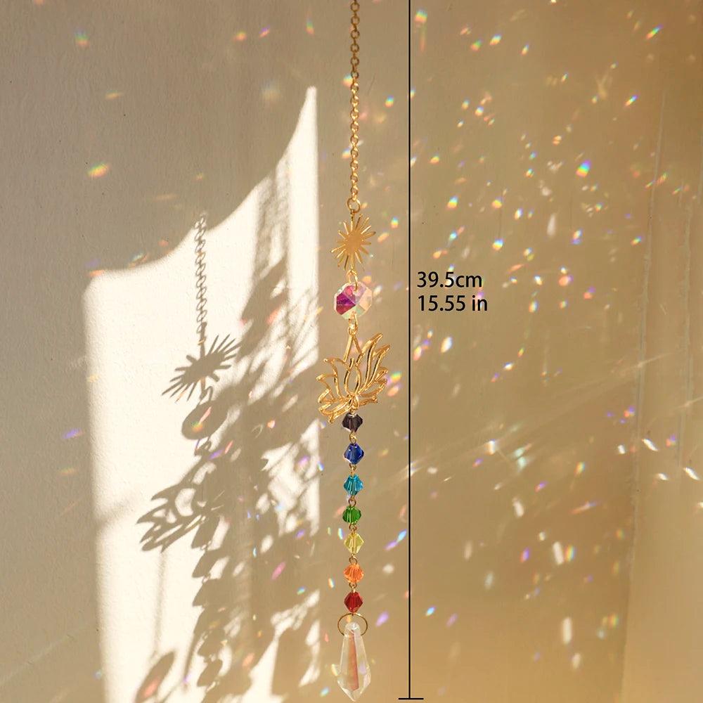 Crystal Sun Catcher Lotus | Hanging Suncatcher with Crystals | Rainbow Maker for Windows & Garden | Chakra Light Catcher, Stained Glass Decoration