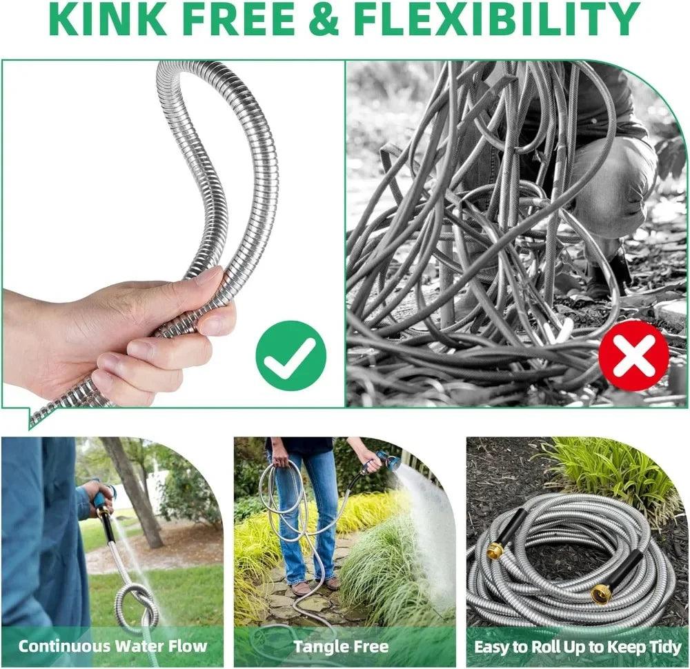 100 Ft Stainless Steel Garden Hose – Heavy Duty, Flexible & No Kink Metal Water Hose with Collapsible Design