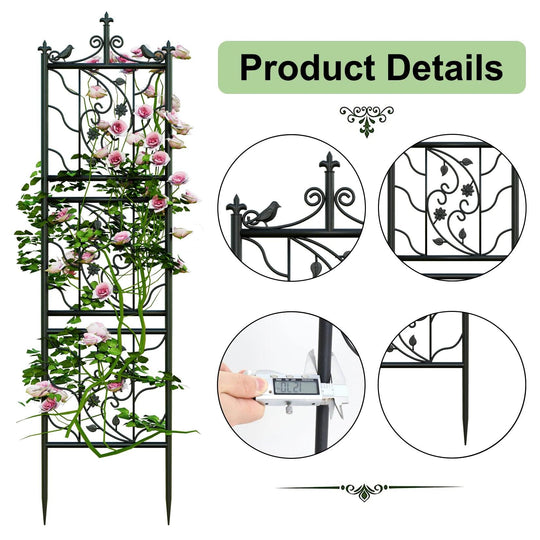 6 Panels 76.8 Inch Black Metal Iron Fence | Decorative Garden Trellis with Rod and Wrought Iron Design | Outdoor Climbing Plants & Yard Decor