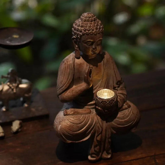 Solar Buddha Statue with Garden Figurine Lights - Japanese Zen Outdoor Decor