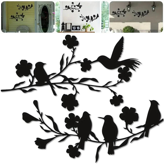 1pc Metal Wall Art Decor - Large Outdoor and Indoor Birds Sculpture with Branches, Black Leaves & Flowers for Home and Garden