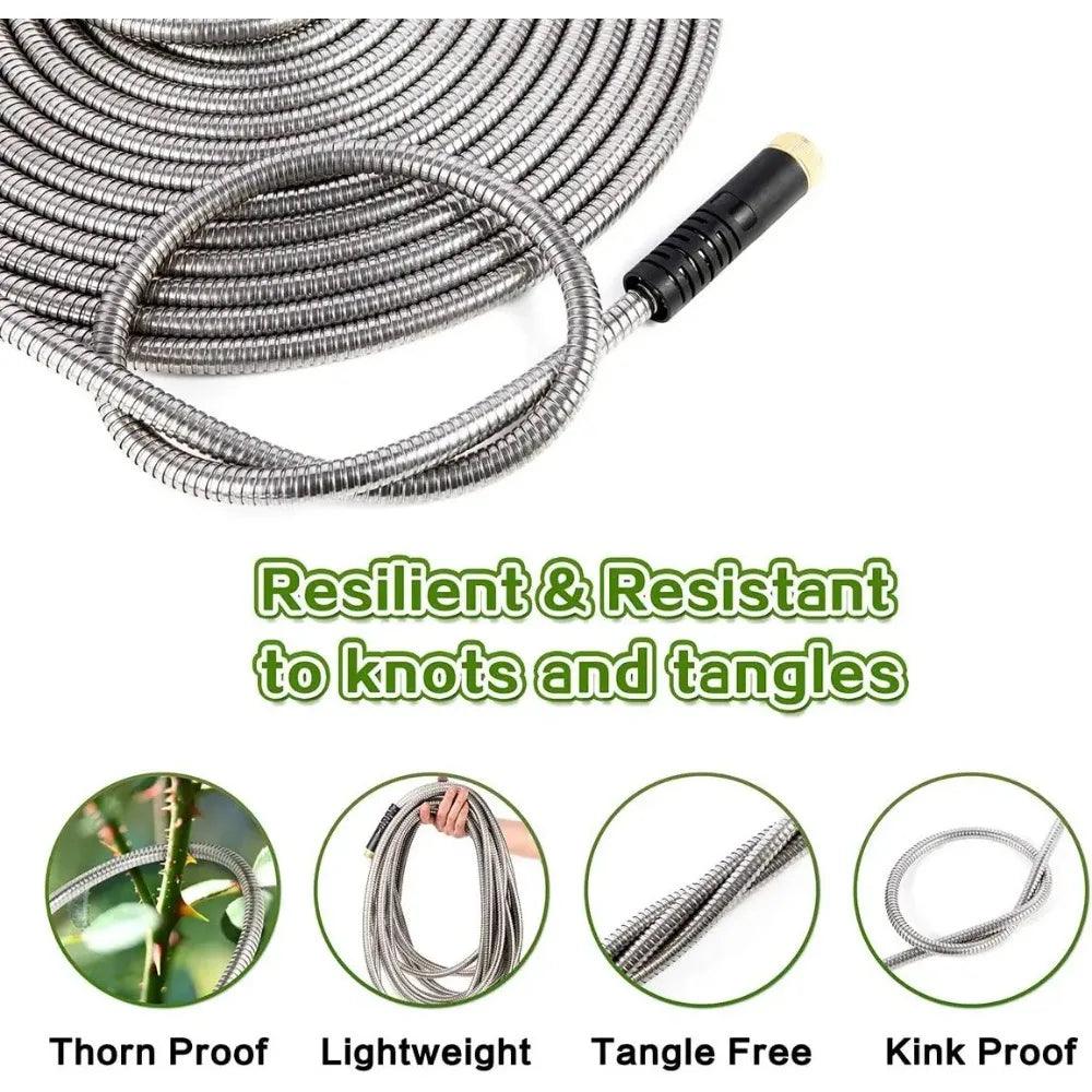 Durable Garden Hose 50 FT, 75 FT & 100 FT - Stainless Steel with 10-Way Spray Nozzle & Solid Brass Fittings