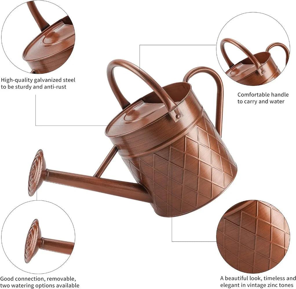 1.75 Gallon Copper Metal Watering Can with Removable Spray Spout for Outdoor Gardens