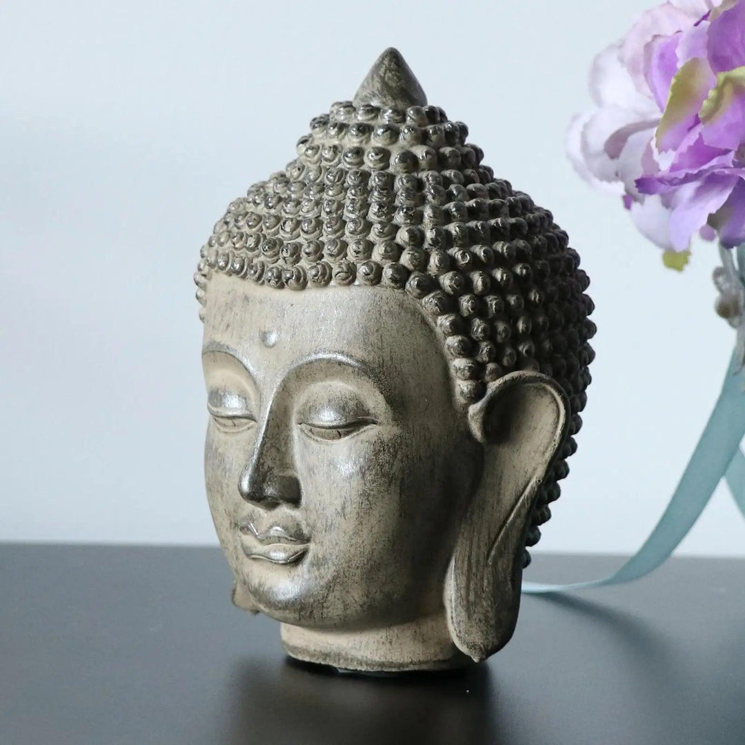 Outdoor Statuary Buddha Head Statue - Asian Buddha Head Garden Figurine Decor for Meditation