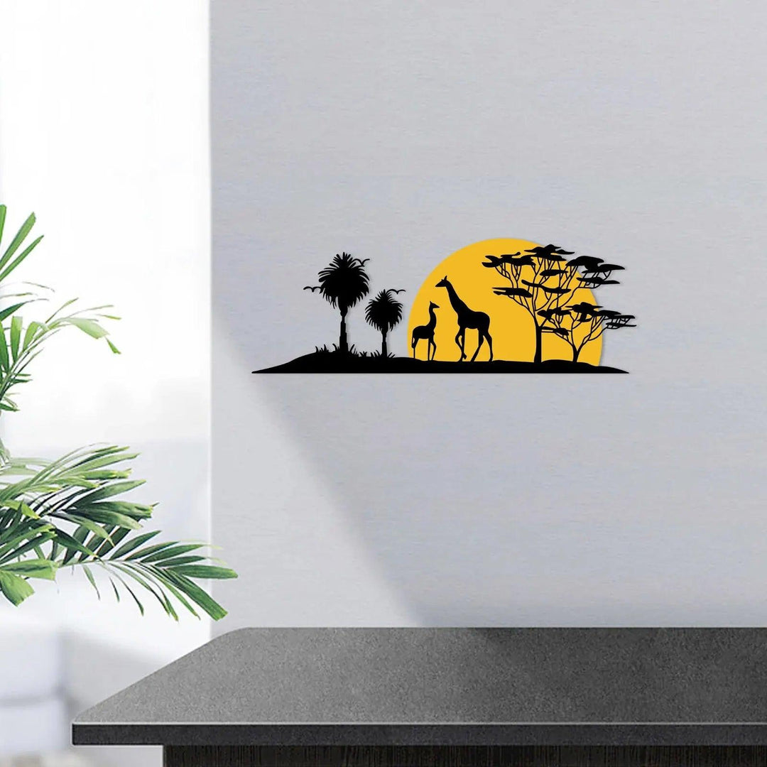 Outdoor Metal Wall Art: Giraffe Sunset and Tree Metal Silhouette - 3D Metal Wall Decor for Indoor & Outdoor Spaces