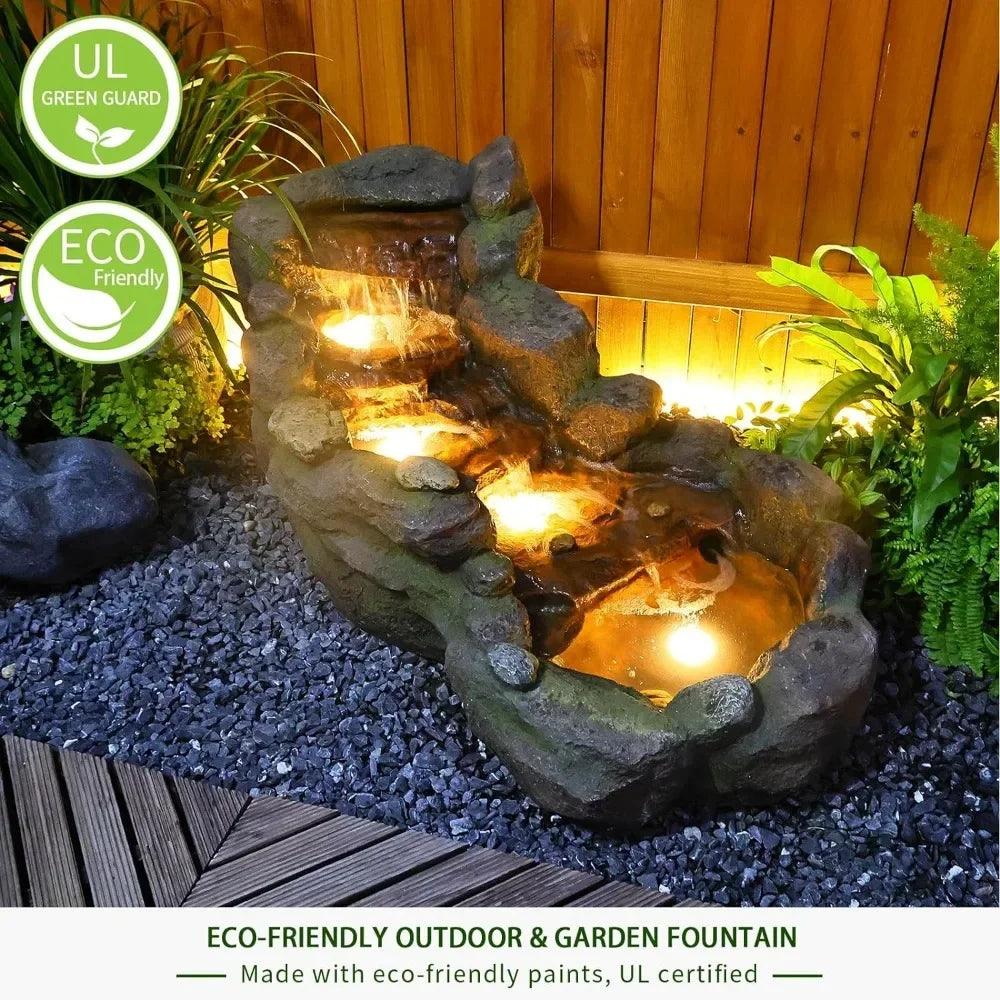 Free Standing Floor Fountain with LED Lights, 42.1" Outdoor / Indoor Waterfall Fountain for Living Room and Garden, Resin Rock Design