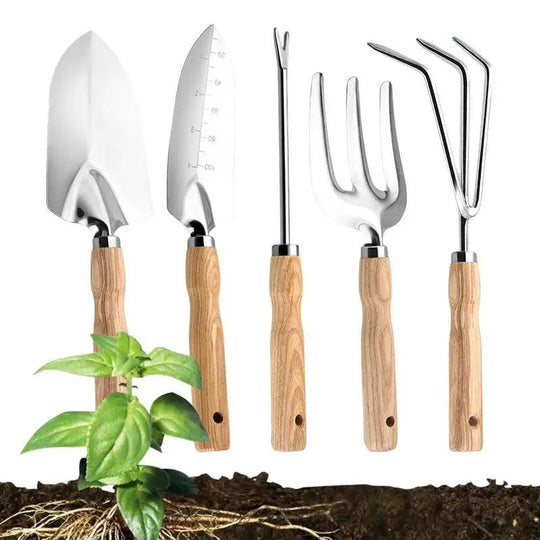 Professional Gardening Tool Set - 5-Piece Heavy Duty Stainless Steel Garden Tools with Rake, Shovel, Fork & Root Picker