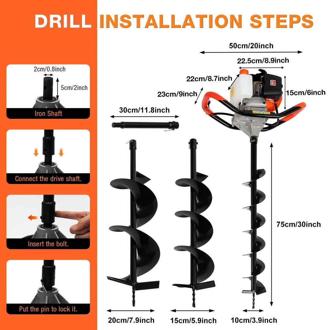 52cc 2-Stroke Gas Powered Post Hole Digger with 3 Drill Bits, Auger Fence Pole Hole Digger for Gardening & Fencing