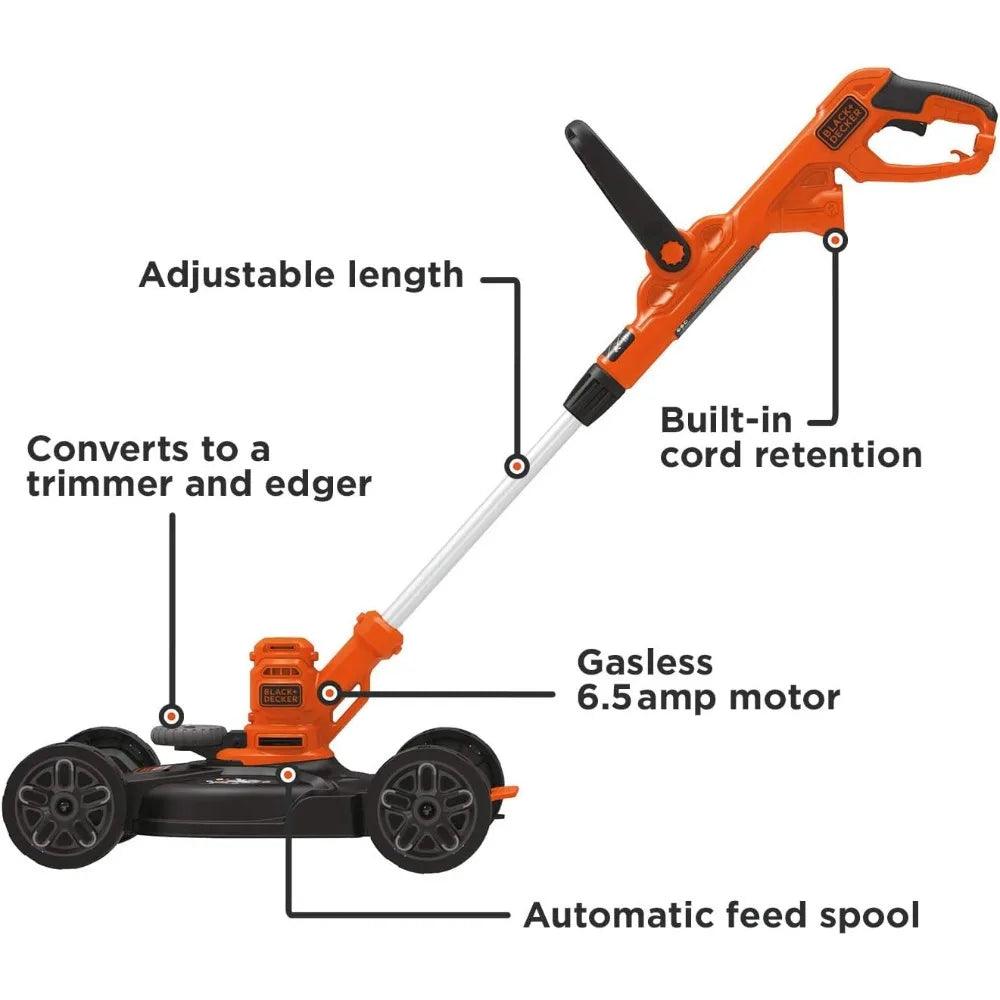 3-in-1 Corded Lawn Mower, Walk Behind String Trimmer & Edger, 12-Inch