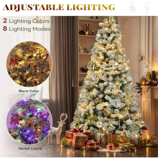 Christmas Tree Prelit Snow Flocked Artificial Full  Tree with 8 Light-Modes, 800 Branch , Party Decoration Christmas Pine