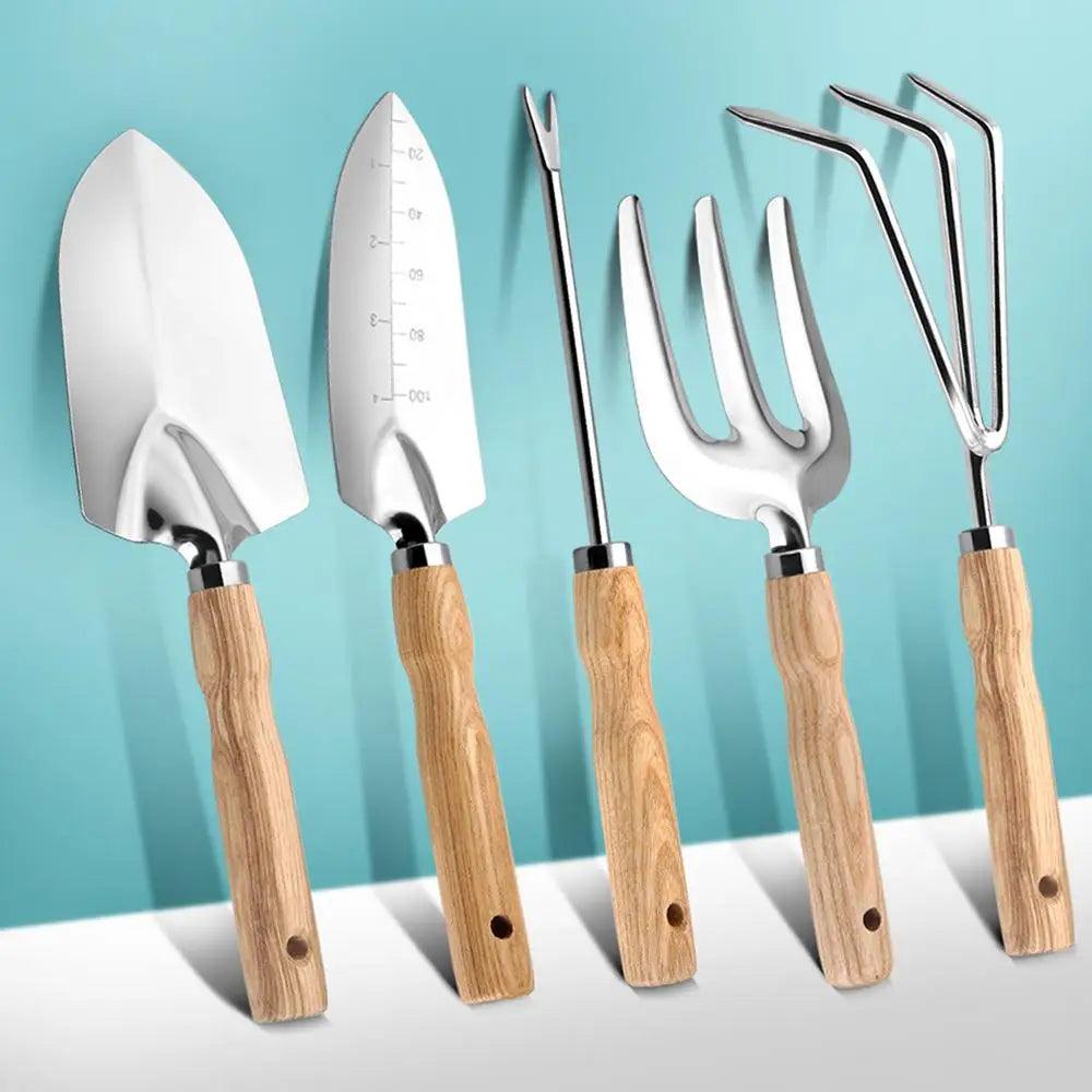 Professional Gardening Tool Set - 5-Piece Heavy Duty Stainless Steel Garden Tools with Rake, Shovel, Fork & Root Picker