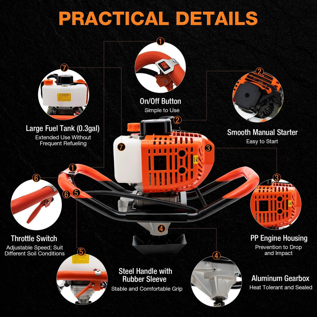 52cc 2-Stroke Gas Powered Post Hole Digger with 3 Drill Bits, Auger Fence Pole Hole Digger for Gardening & Fencing