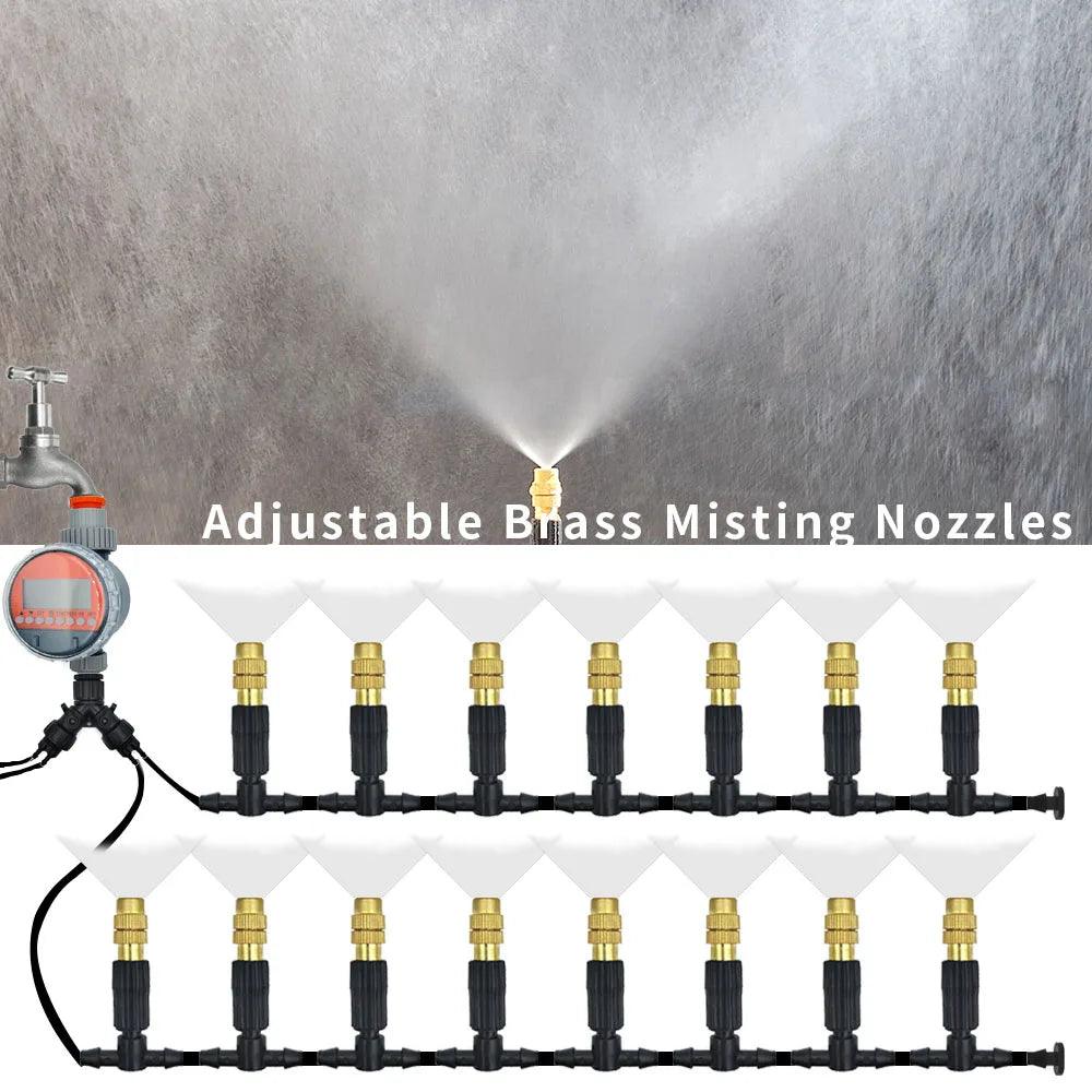 Outdoor Misting Cooling System – 5M-30M Garden Irrigation Kit with Brass Atomizer Nozzles & 4/7mm Hose for Patios & Greenhouses