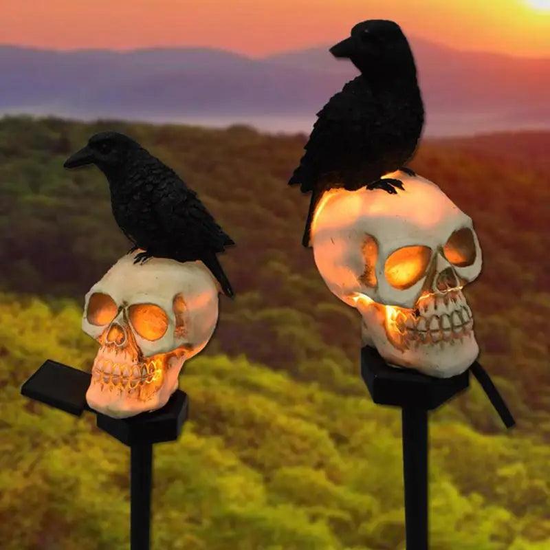 Solar Resin Halloween Crow Skull Pathway Lights - Outdoor Waterproof LED Light for Walkways, Pathways, and Gardens