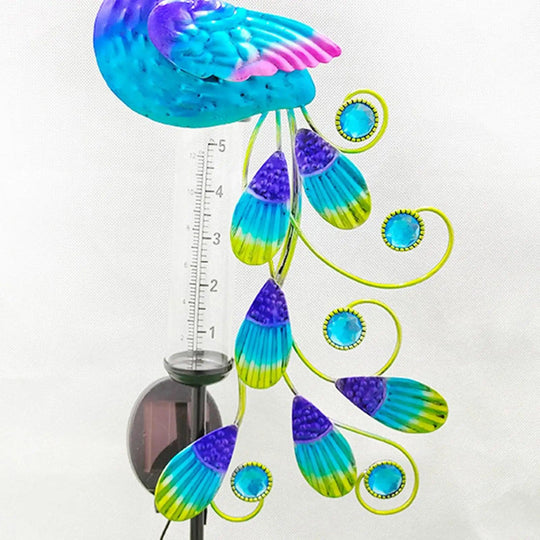 Large Decorative Rain Gauge with Solar Powered LED Light for Garden | Peacock Outdoor Rain Collector | Metal Garden Decor