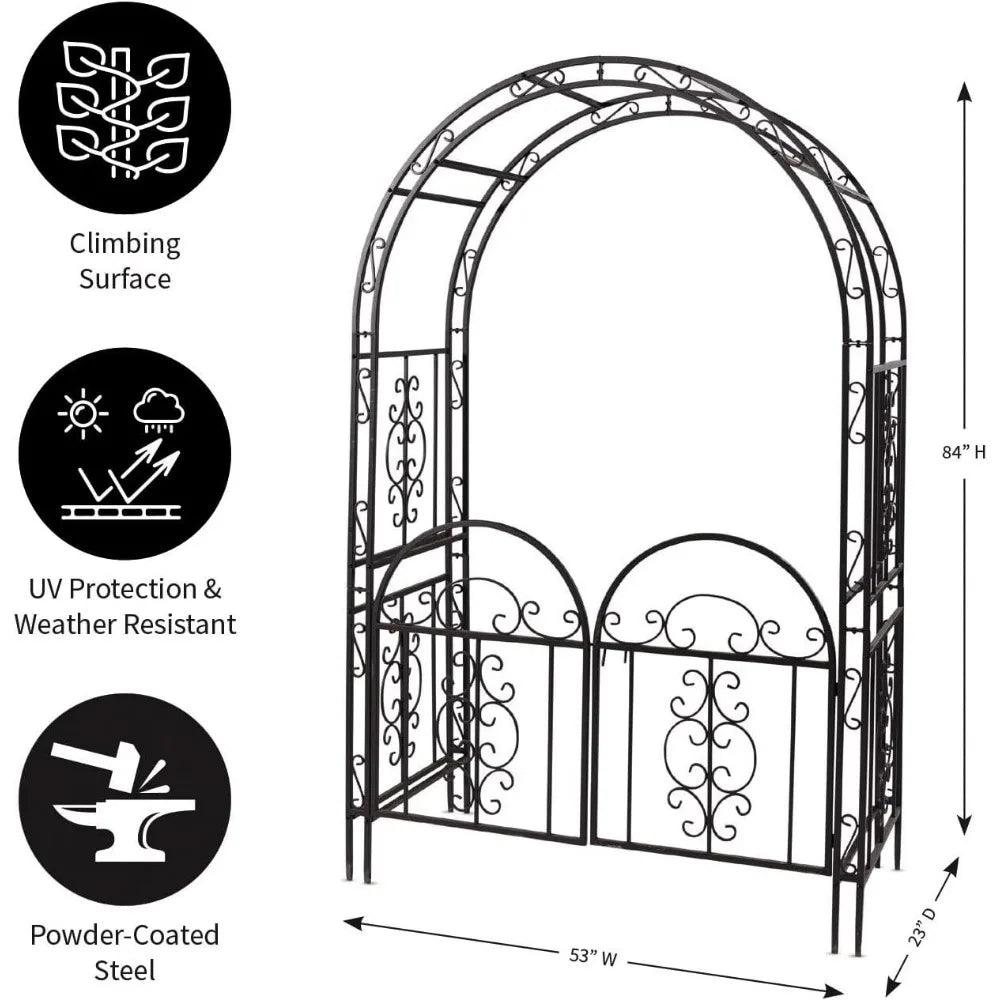 84-Inch Heighted Arched Metal Garden Trellis with Gate | Gunmetal Black | Outdoor Garden Archway for Climbing Plants