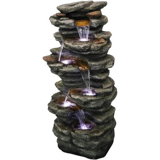 LED Indoor Waterfall Fountain, Free Standing 40” High Floor Fountain – Cascading 6-Tier Rock Waterfall for Living Room, Patio, and Garden Decor