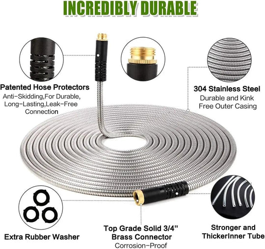 Durable Garden Hose 50 FT, 75 FT & 100 FT - Stainless Steel with 10-Way Spray Nozzle & Solid Brass Fittings