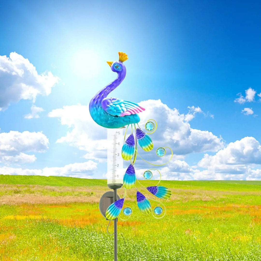 Large Decorative Rain Gauge with Solar Powered LED Light for Garden | Peacock Outdoor Rain Collector | Metal Garden Decor