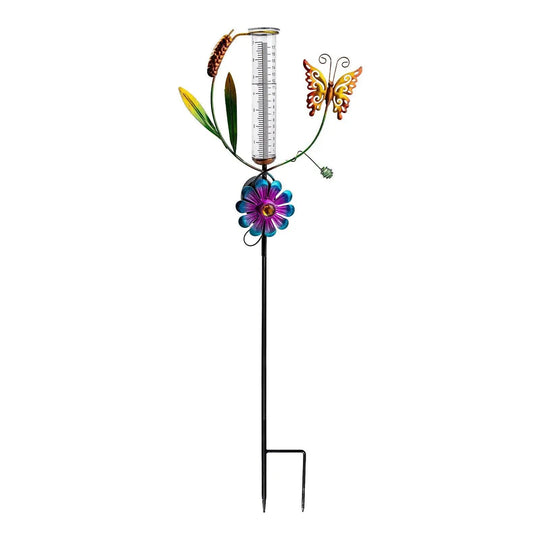 Butterfly Decorative Rain Gauge, Large Solar Powered Waterproof Garden Rain Collector, Outdoor Metal Rain Gauge