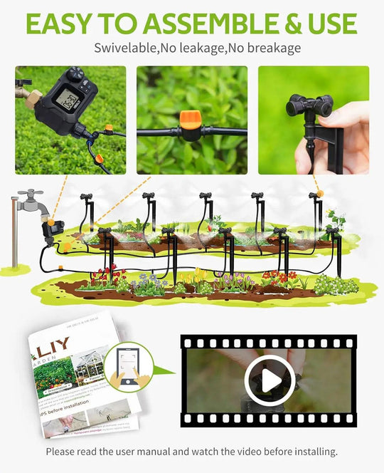 65FT Drip Irrigation Kit with Garden Timer, 1/4" Tubing, 4-Outlet Misting Nozzles | Complete System for Efficient Watering