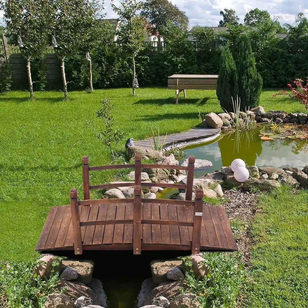 5 ft Wooden Garden Bridge with Safety Rails, Classic Japanese Arch Design, Perfect for Pond Landscaping & Backyard Decor