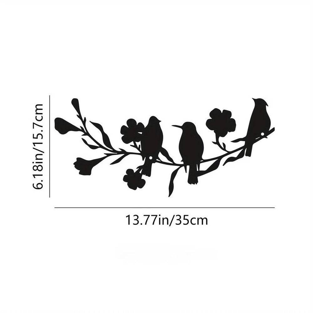 1pc Metal Wall Art Decor - Large Outdoor and Indoor Birds Sculpture with Branches, Black Leaves & Flowers for Home and Garden