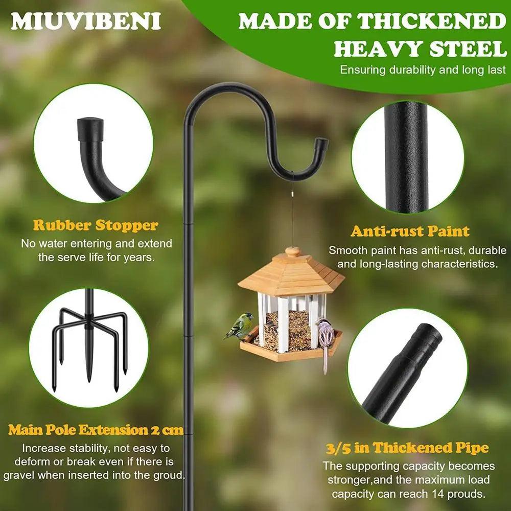 76 Inch Double Shepherd Hook for Bird Feeder, Heavy Duty Tall Shepherds Hook, Decorative Garden Stakes, 5 Prong Base Stand for Outdoor Yard