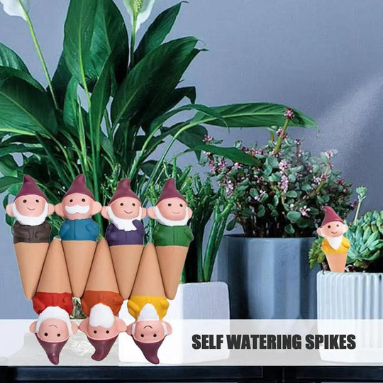 7-Piece Gnome Plant Watering Stakes - Terracotta Automatic Drip Irrigation Spikes for Indoor & Outdoor Garden