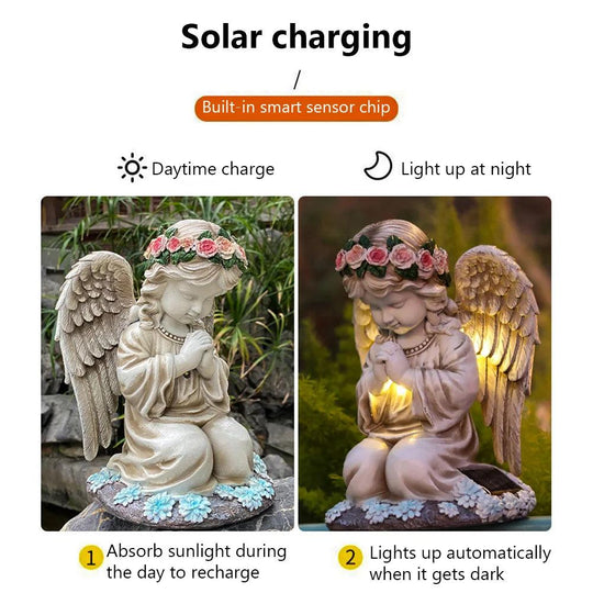 Solar Angel Garden Statue Figure with Light - Resin Figurine for Outdoor Lawn & Patio Decoration