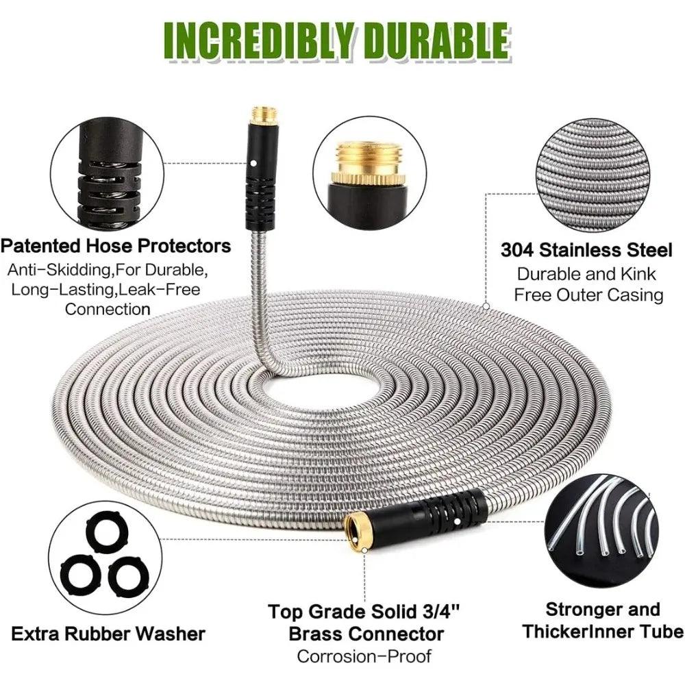 Durable Garden Hose 50 FT, 75 FT & 100 FT - Stainless Steel with 10-Way Spray Nozzle & Solid Brass Fittings