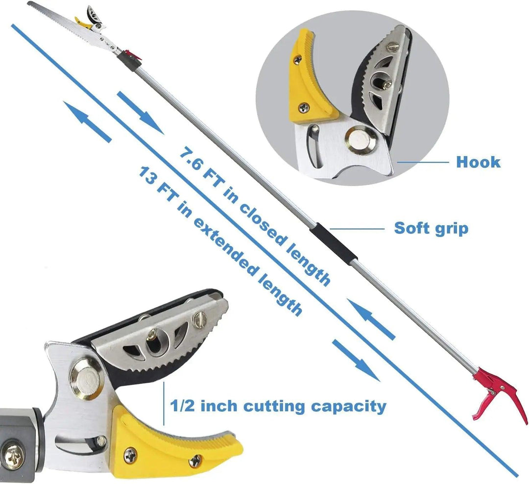 7.6 to 13 Foot Extendable Pole Saw & Pruner, 2 Sections, Lightweight Tree Pruner, Limb & Branch Trimmer