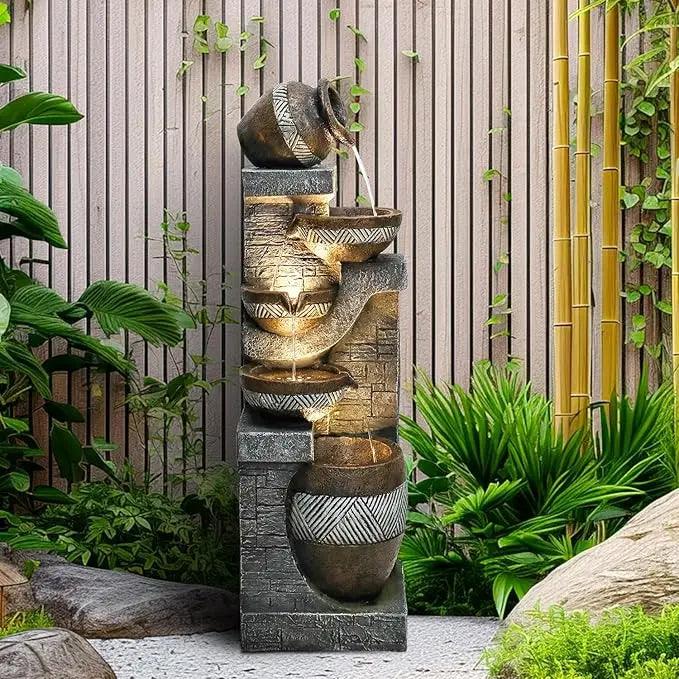 Indoor/Outdoor Modern Free Standing Floor Water Fountain - 42.5" Cascading Water Feature for Home, Living Room & Garden