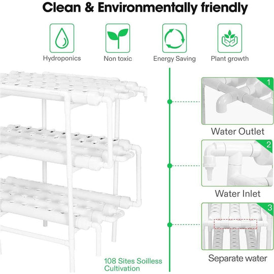 Hydroponics Growing System 108 Plant Sites – 3 Layers, 12 PVC-U Pipes Garden Kit for Leafy Vegetables