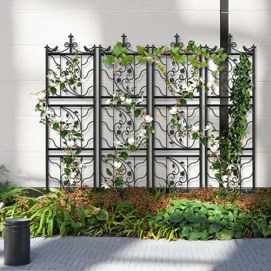 6 Panels 76.8 Inch Black Metal Iron Fence | Decorative Garden Trellis with Rod and Wrought Iron Design | Outdoor Climbing Plants & Yard Decor