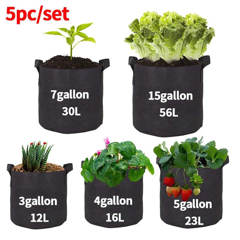 5PCS Reusable Felt Grow Bags | 3/4/5/7 Gallon Fabric Planters for Vegetables, Tomatoes, and Potatoes