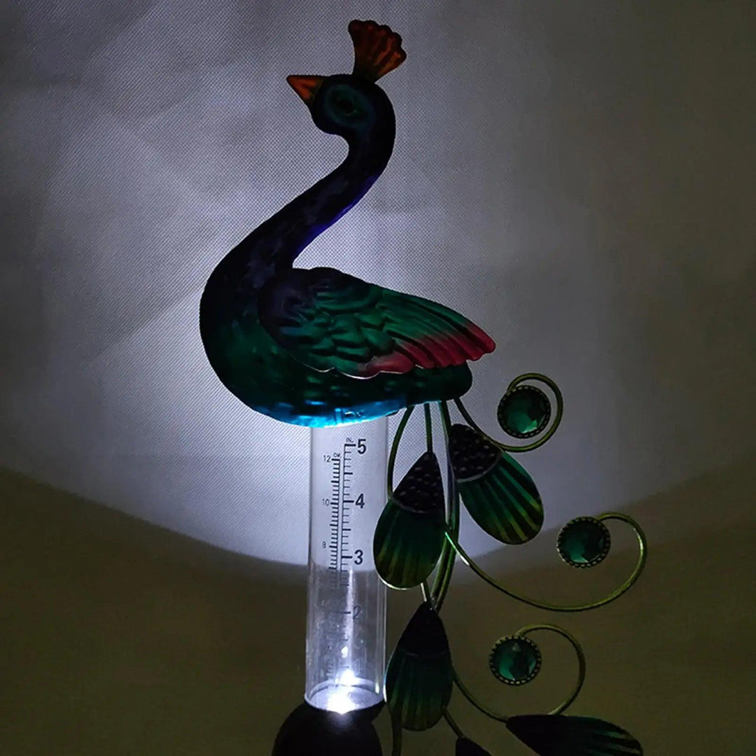 Large Decorative Rain Gauge with Solar Powered LED Light for Garden | Peacock Outdoor Rain Collector | Metal Garden Decor