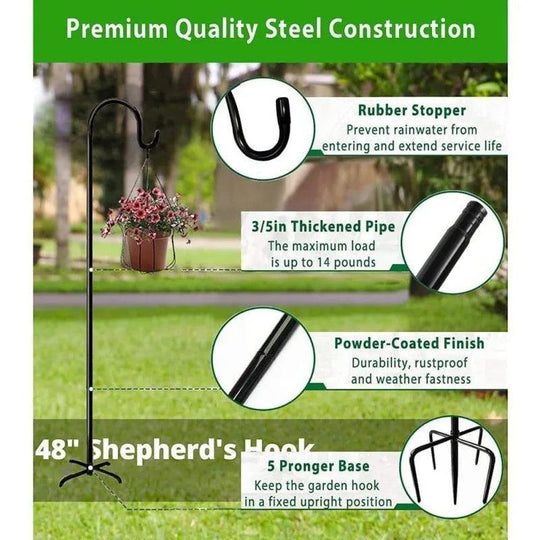 Double & Tall Shepherds Hook - 76 Inch Heavy Duty Bird Feeder Pole with 5 Prong Base for Hanging Plants & Lanterns